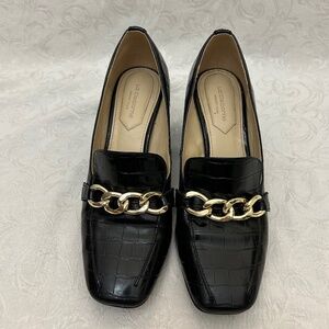 Liz Claiborne Black Croc Embossed  Bock Heel, Gold Chain & Inner Heel sz 7.5M
